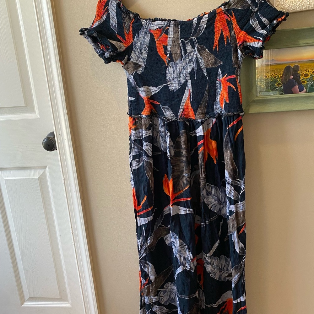 Smocked Off-Shoulder Tropical Jumpsuit | Cropped Wide Leg Romper